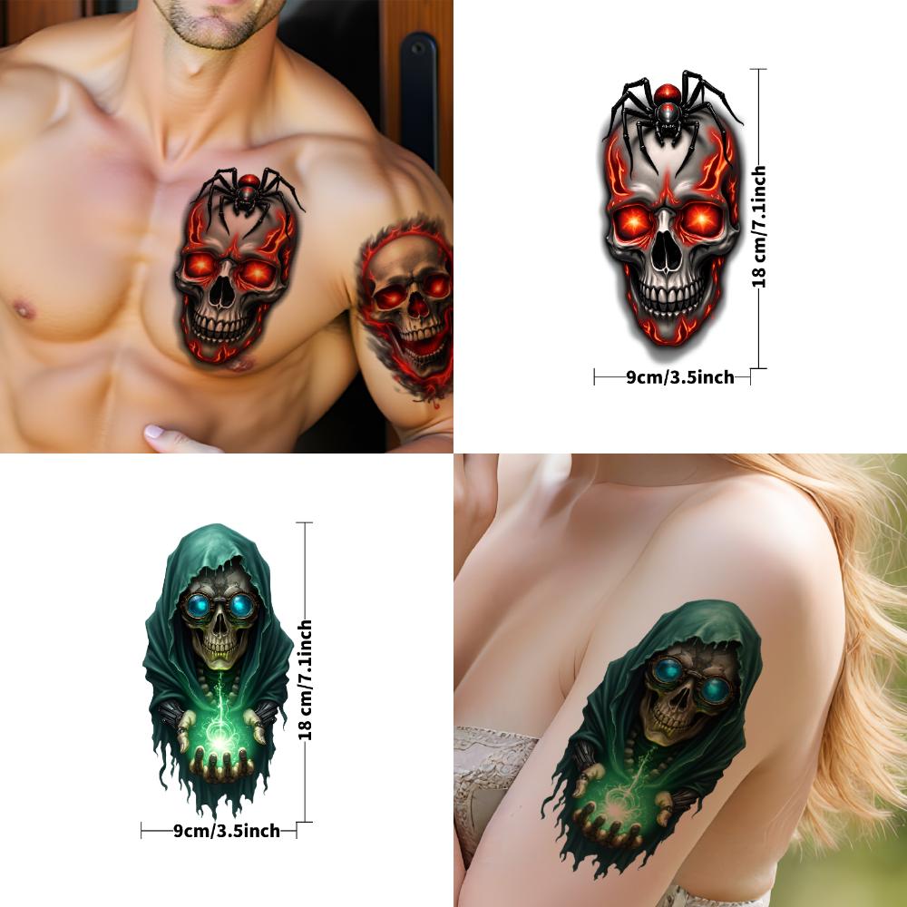 3 шт. Временные татуировки Водонепроницаемые Долговечные Наклейки на тело Паук Череп Череп с капюшоном и мечом Ворон на черепе Для взрослых