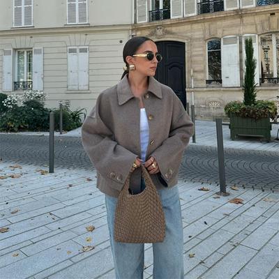 Однотонная женская куртка с отложным воротником, повседневная, свободная, с длинным рукавом, однобортная, короткая, осенняя мода, пальто, верхняя одежда