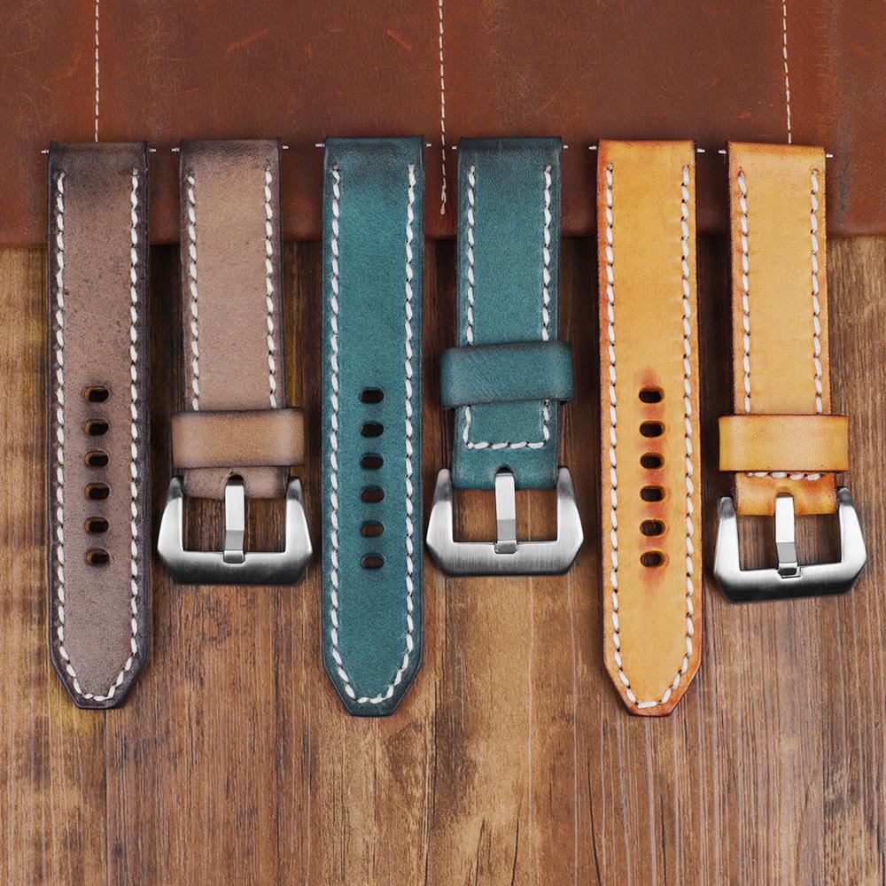 Retro Handmade Cowhide Leather Watch Strap 18mm 20mm 22mm 24mm Men Replacement Watch Band Wrist Bracelet Coffee Blue Tan