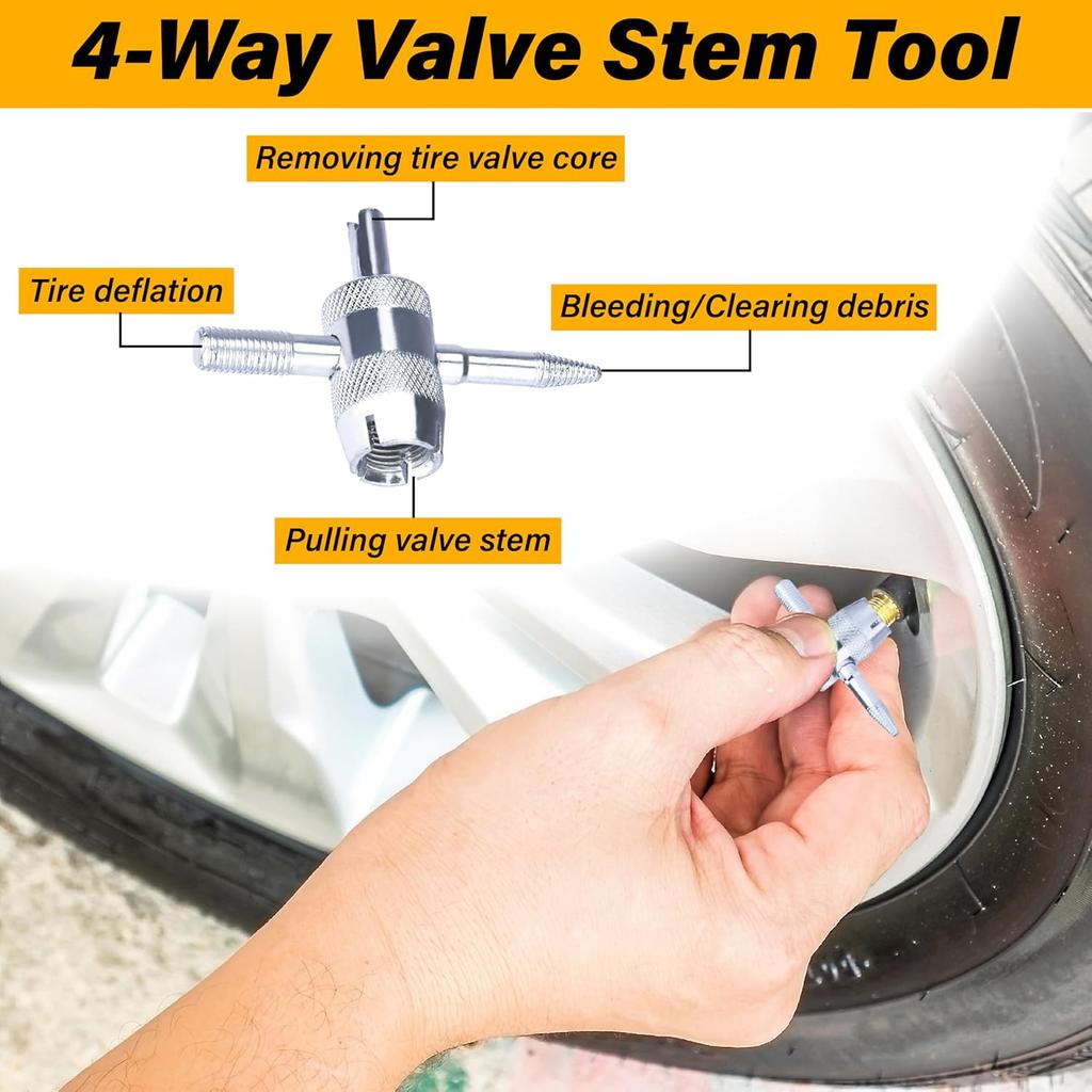 2 PCS Tire Valve Stem Removal Tool with 20 PCS Valve Cores, 10 PCS Tire Valves Caps, 1 PCS 4-Way Valves Tool, Car Accessories Tires Repair Tools