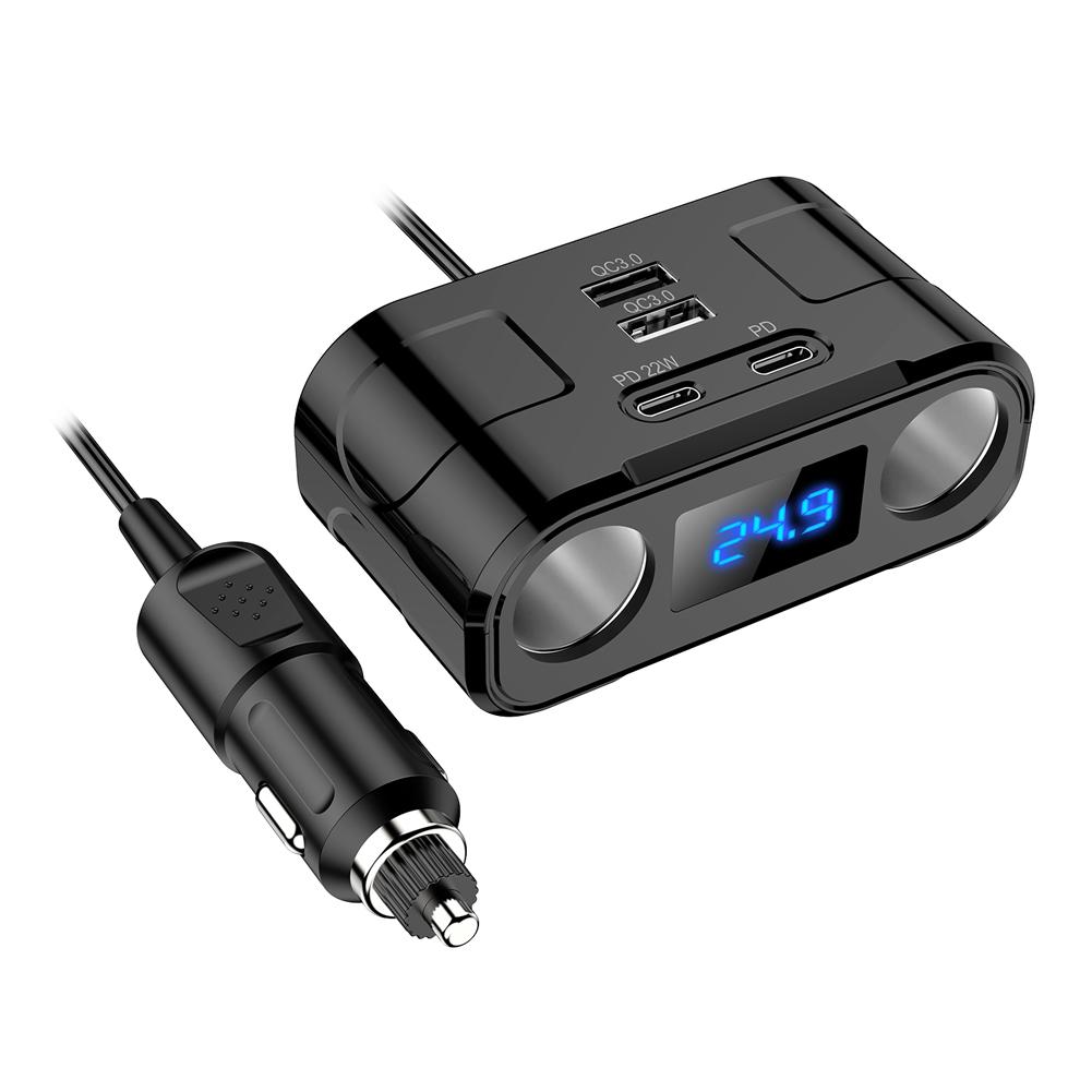 Автомобильное зарядное устройство QC3.0 USB 2 Type-C+2 USB синий светодиодный цифровой дисплей 22 Вт DC 12 В-24 В двойной USB адаптер питания гнездо прикуривателя автомобиля