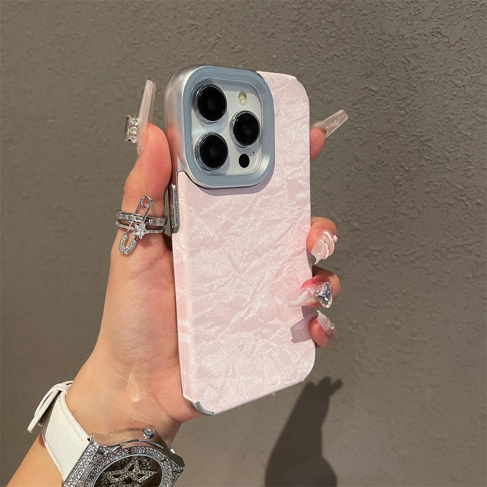 Titanium Gray Glacial Pattern Leather Phone Case for iPhone 16 15 14 13 12 11 Pro Max Full Shockproof Plating Hard Back Cover