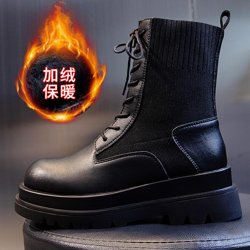 Ботинки женские 2025 новые осень и зима британский стиль платформа ботинки Мартина женские носки средняя труба кожаная женская обувь