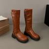 2024 Новые зимние джинсовые сапоги женские ретро коричневые с пряжкой на ремне круглые высокие сапоги длиной до колена