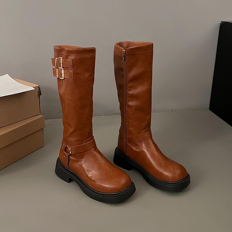 2024 Новые зимние джинсовые сапоги женские ретро коричневые с пряжкой на ремне круглые высокие сапоги длиной до колена