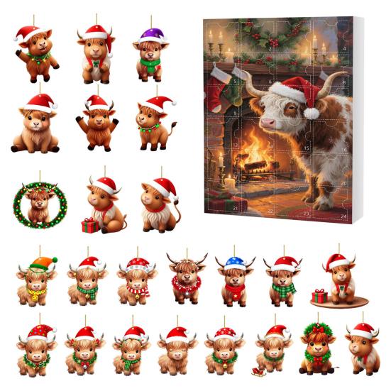 Шотландская высокогорная корова Адвент-календарь Рождество 24 дня Смешной обратный отсчет коровы 2D дизайн Праздничный подвесной декор