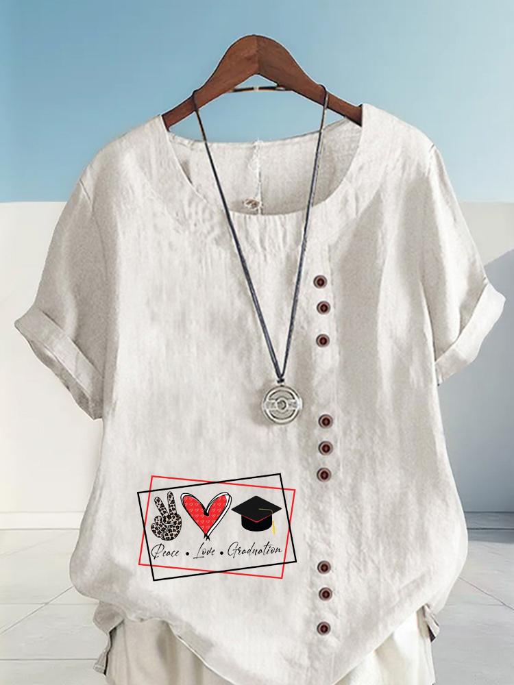 Women's Fashion Love Print Shot Sleeve T-shirt Loose Cotton Shirt Casual Loose Summer Blouse Tops Plus Size
