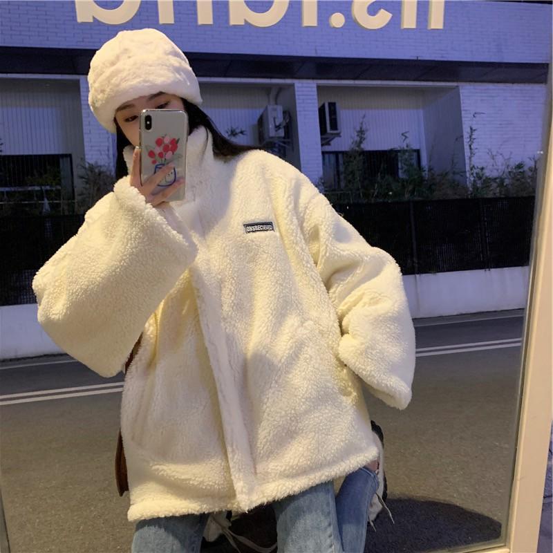 Womens White Fleece Sweatshirt Loose Fit Slimming Casual Winter Top