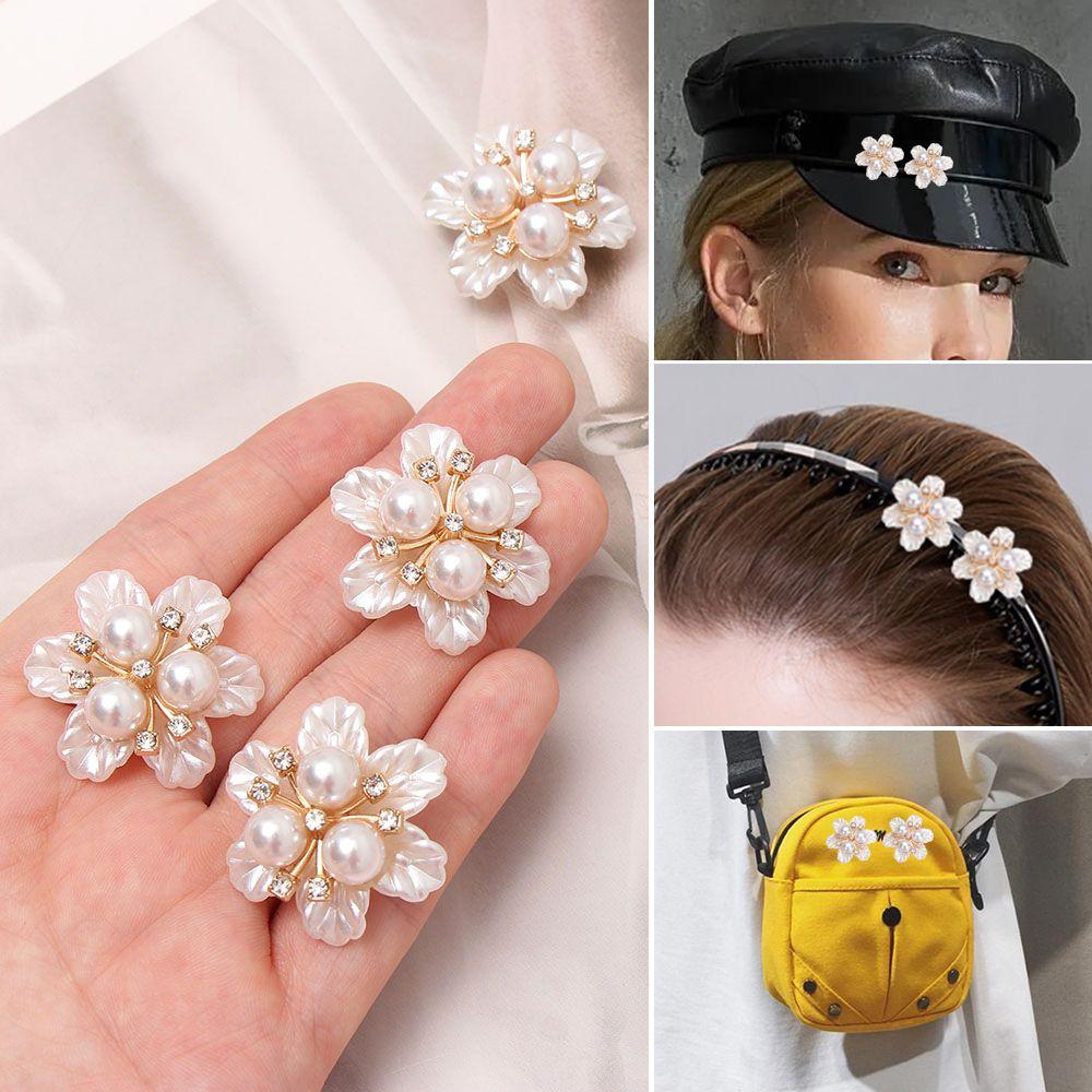 5PCS DIY Craft Crystal Flower-shaped Rhinestone Buttons Pearl Hairpins Pearl Button Headwear Clip