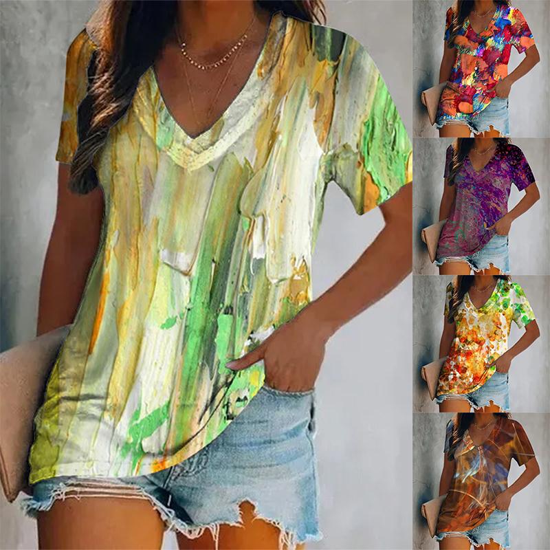 Женская новая футболка с короткими рукавами и V-образным вырезом, цветной принт, короткий рукав, свободный женский топ, дышащая футболка в стиле Y2K