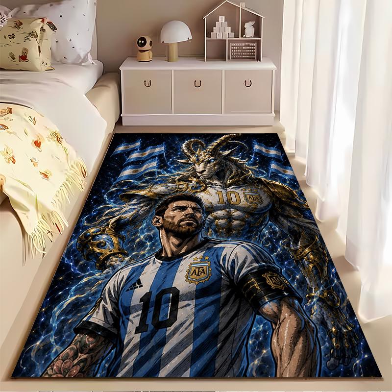 Soccer Star Area Rug, Lionel Messi GOAT Goat Argentina 10 Golden Armor Print, Football Fan Living Room Decor, Non-Slip Mat