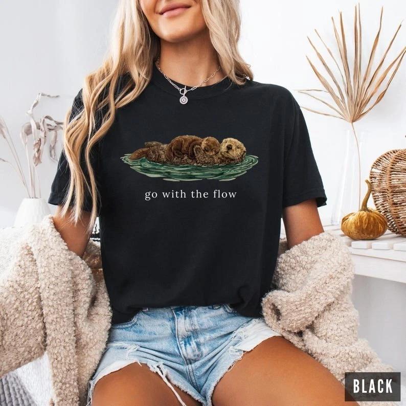 Go with The Flow Shirt Cute Otter Tee Vintage Nature Graphic Tshirt Short Sleeve Tshirts for Summer Unisex AllSeason