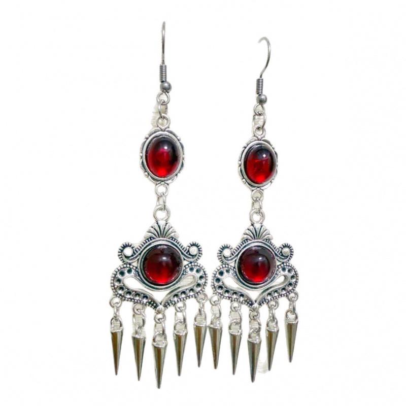 Red Gothic Vampire Silver Filigree Pointed Toe Earrings