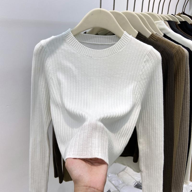 Уникальный круглый вырез, вязаный свитер для женщин, осень и зима, короткий базовый свитер, черный топ с длинными рукавами