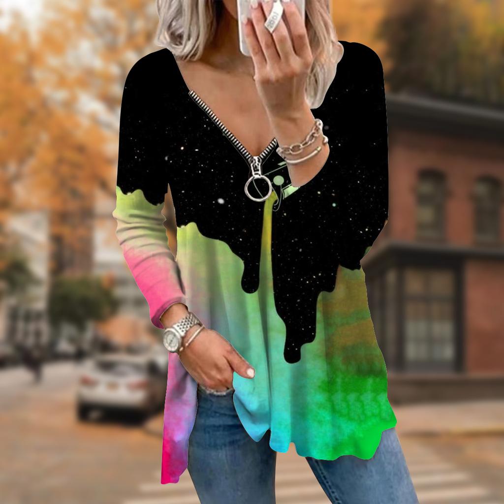 Women Autumn Bucket Pigment Printed Long Sleeve T-Shirts Loose V-Neck Plus Size Tee Shirt Tops Comfy Blouse