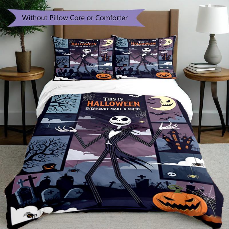 3pcs Duvet Cover Set (1*Duvet Cover + 2*Pillowcase, Without Core), The Nightmare Before Christmas Print Bedding Set, Bedroom Decor, All‑Season, Birthd