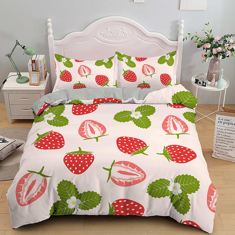 Pink Strawberry Cute Bedding Set Duvet Cover Set 3D Print Fruit Pattern Quilt Cover Pillowcase King Queen Size For Kids Boy Girl