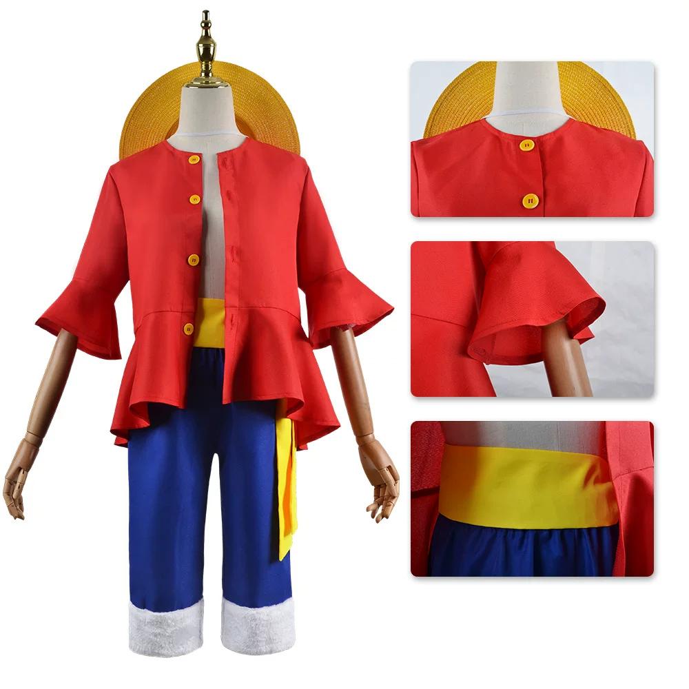 One Piece Monkey D Luffy Cosplay Costume, Red Jacket Blue Pants with Straw Hat, Adult & Kids Anime Role‑Play Halloween Outfit