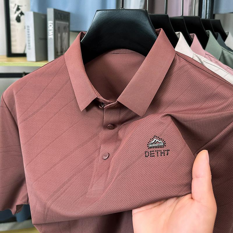 Мужская футболка-пуловер с лацканами из шелка Ice Silk с короткими рукавами, модная рубашка-поло, повседневный топ для отца