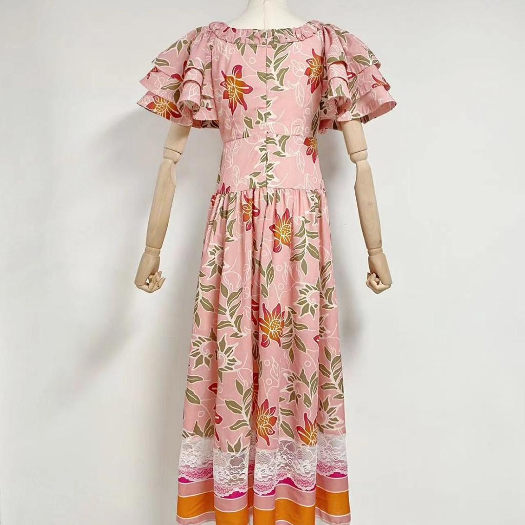 Australian Niche 2024 Spring Lightweight Printed Long Dress with Flutter Sleeves for Women