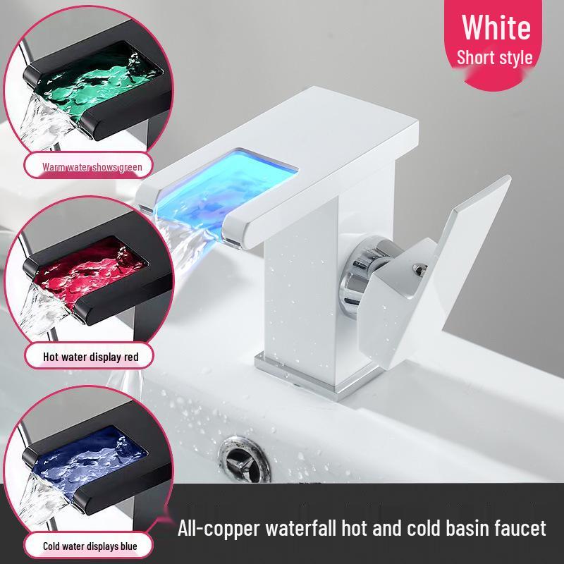 Полностью медный смеситель для раковины в ванной комнате типа "Водопад" с функцией горячей и холодной воды и цветовыми индикаторами