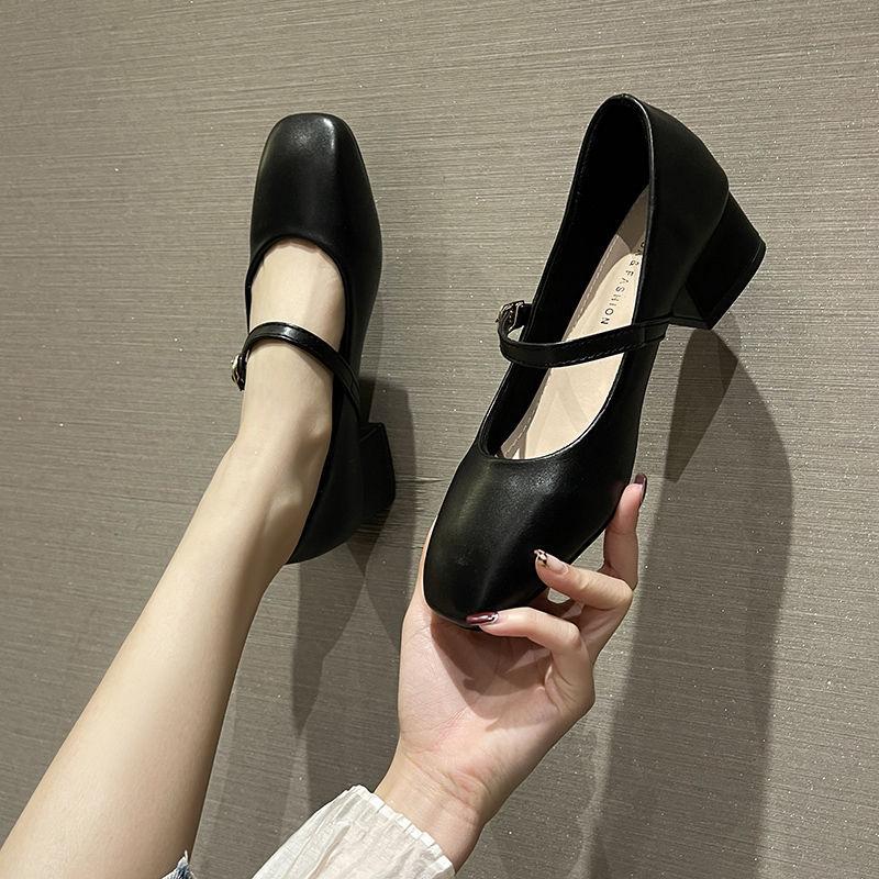 Туфли Мэри Джейн на французском каблуке, весна/лето 2024, новые квадратные туфли из кожи с пряжкой на толстом каблуке