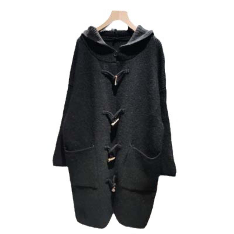 Осенне-зимний женский свитер, пальто, вязаный кардиган с пуговицами из бычьего рога, свободный кардиган средней длины с капюшоном, большая версия ленивого свитера, пальто