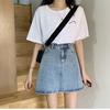 Летняя джинсовая юбка до половины тела, женская однотонная тонкая юбка с высокой талией и короткими рукавами для отдыха