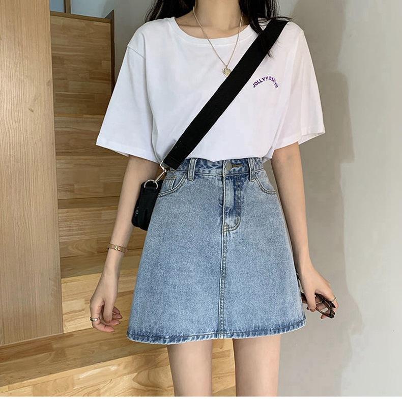 Летняя джинсовая юбка до половины тела, женская однотонная тонкая юбка с высокой талией и короткими рукавами для отдыха