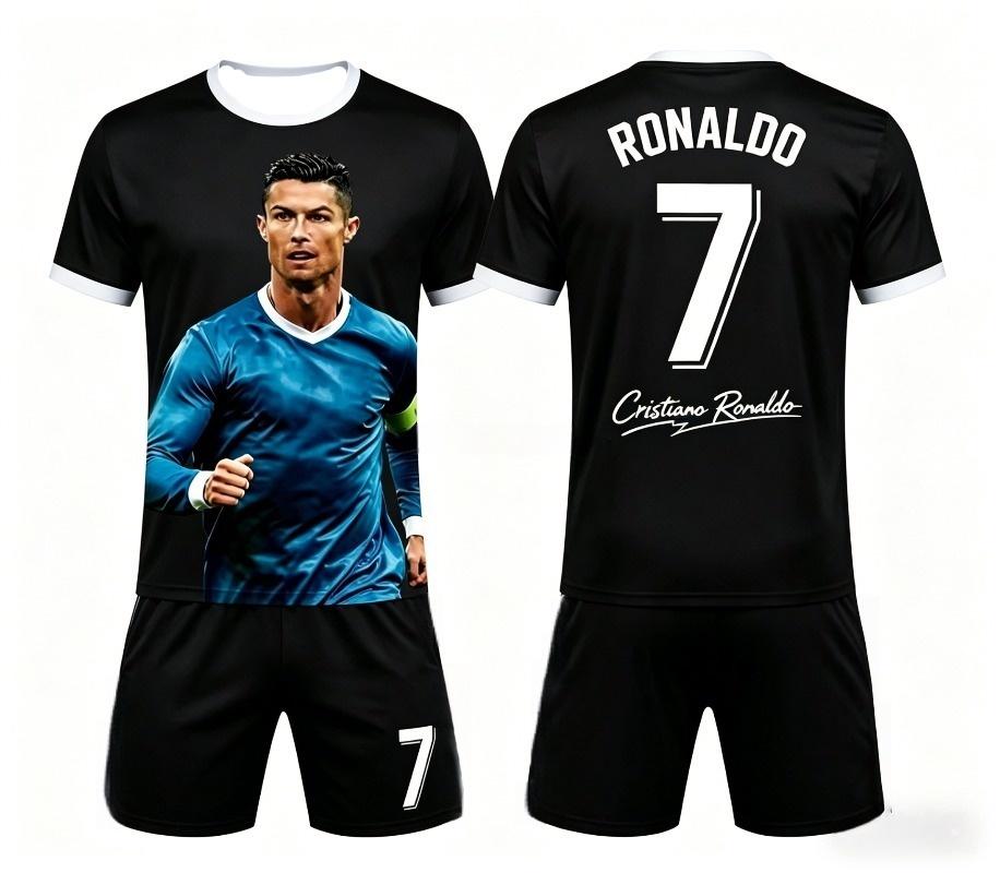 Summer New Fashion Ronaldo #7 Football Jersey Sports Training Match Short Sleeves T-shirt and Shorts Set Loose Family Kids Tees