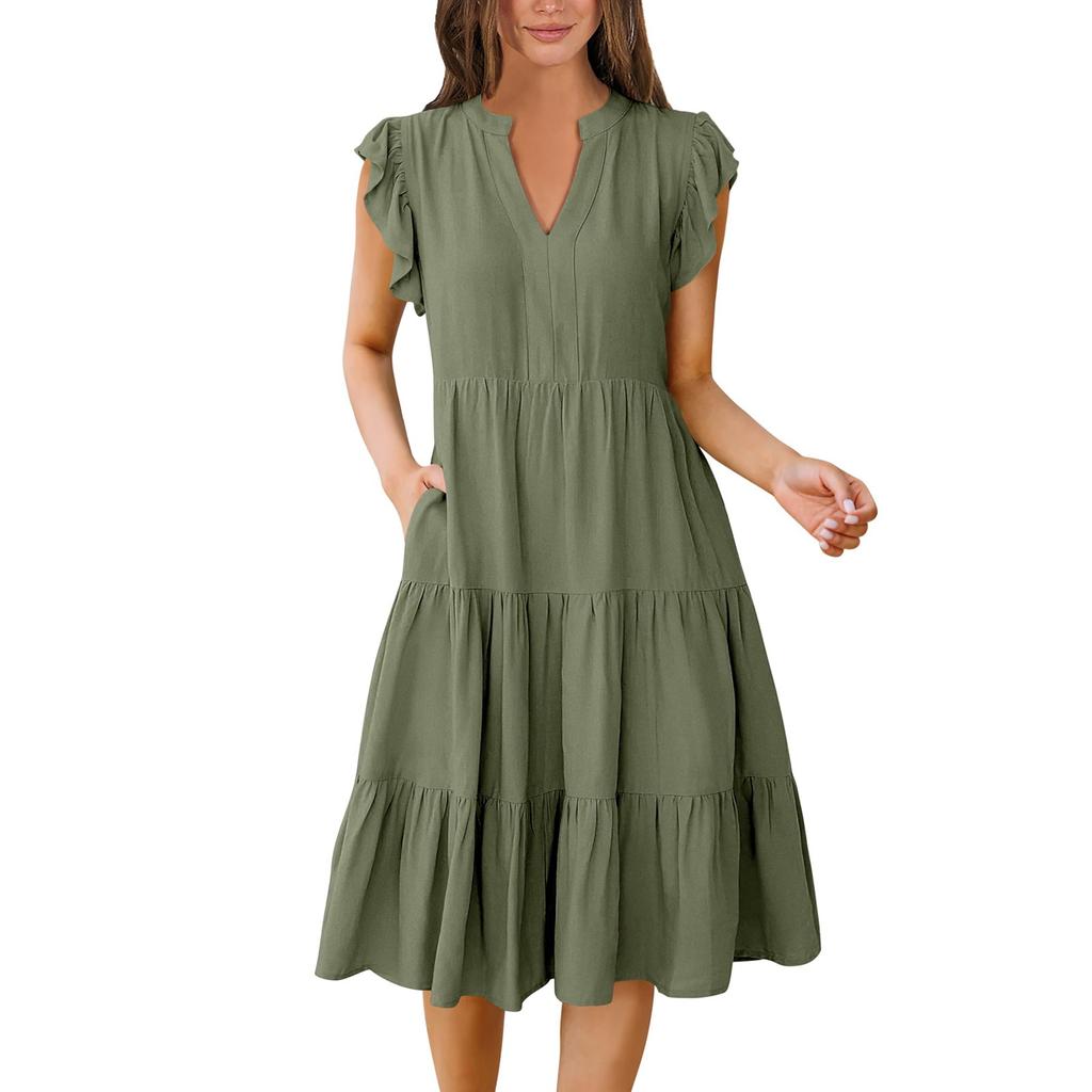 Женские богемные однотонные летние повседневные многослойные платья с v-образным вырезом и рюшами на рукавах