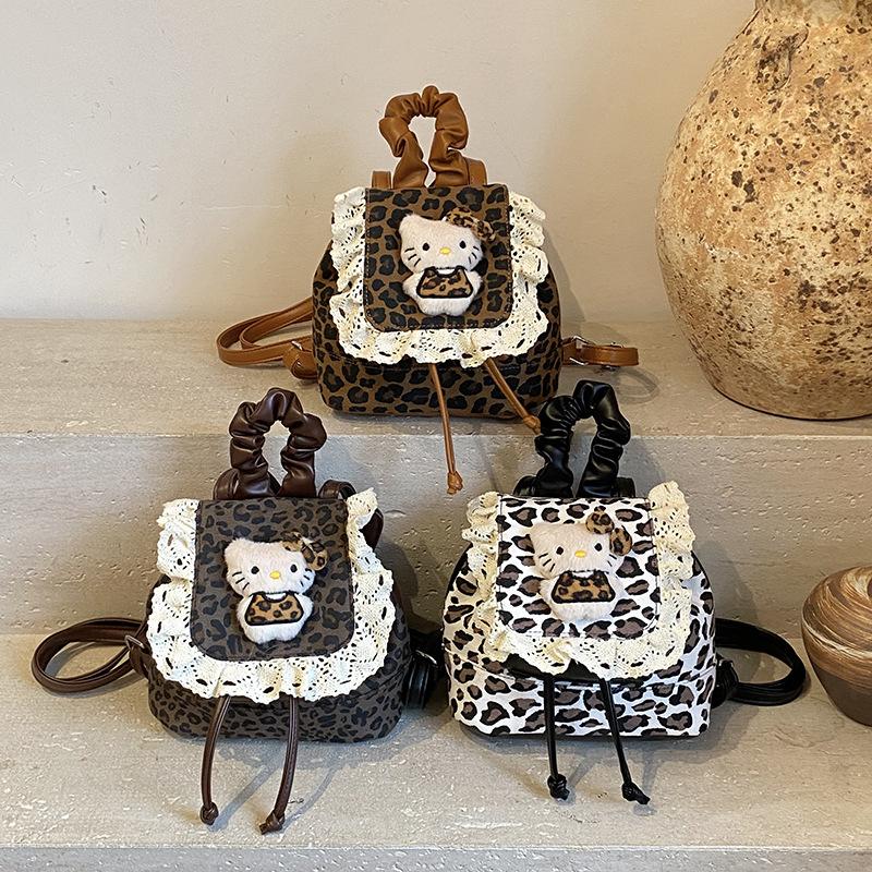 Girls Backpack Retro Leopard Print Boys And Girls Small Schoolbag Sweet Lace Cute Kitten Children'S Backpack
