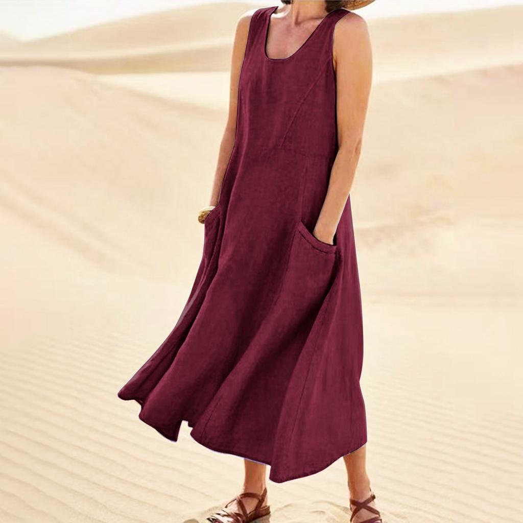 Women's Fashion Casual Solid Colour Sleeveless Cotton Linen Pocket Dress