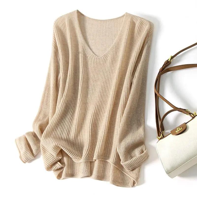 Свитер для женщин, теплый вязаный свитер-скелет, джемпер с длинным рукавом, свободный эластичный свитер с V-образным вырезом, топы