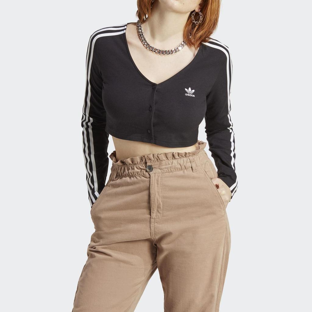 adidas Укороченная однобортная футболка с длинным рукавом Originals Clover Series, женские топы, черные IC5473