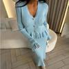 Ruffled Knitted Maxi Dress Women's Solid V-Neck Cutout Party Dress Elegant Patchwork Long Sleeve Female Knitwear Dress