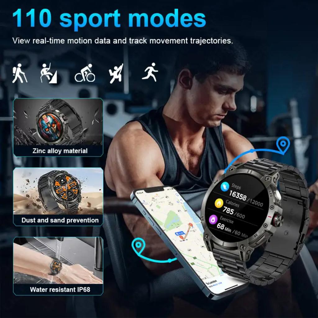 2025 New Outdoor Smart Watch Men 600mAh LED Flashlight SmartWatch Compass Bluetooth call Heart rate IP 68 Sports Smartwatch 5ATM