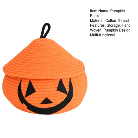 Halloween Woven Pumpkin Basket with Lid Empty Rope Woven Basket Trick or Treat Pumpkin Storage Bin Candy Snack Container