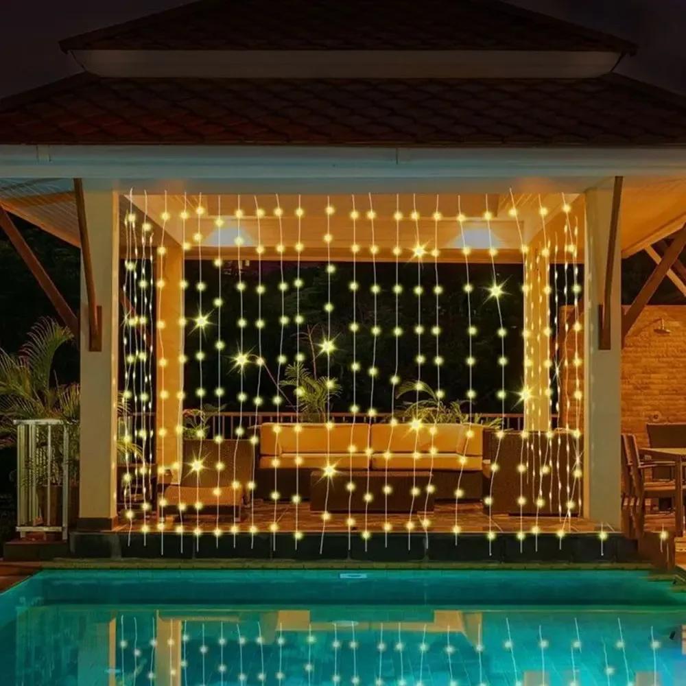 LED Solar Curtain Lights Outdoor Gardens Fairy Lamp Outside Courtyards Holiday Parties Christmas Decorations Copper Wire Lights