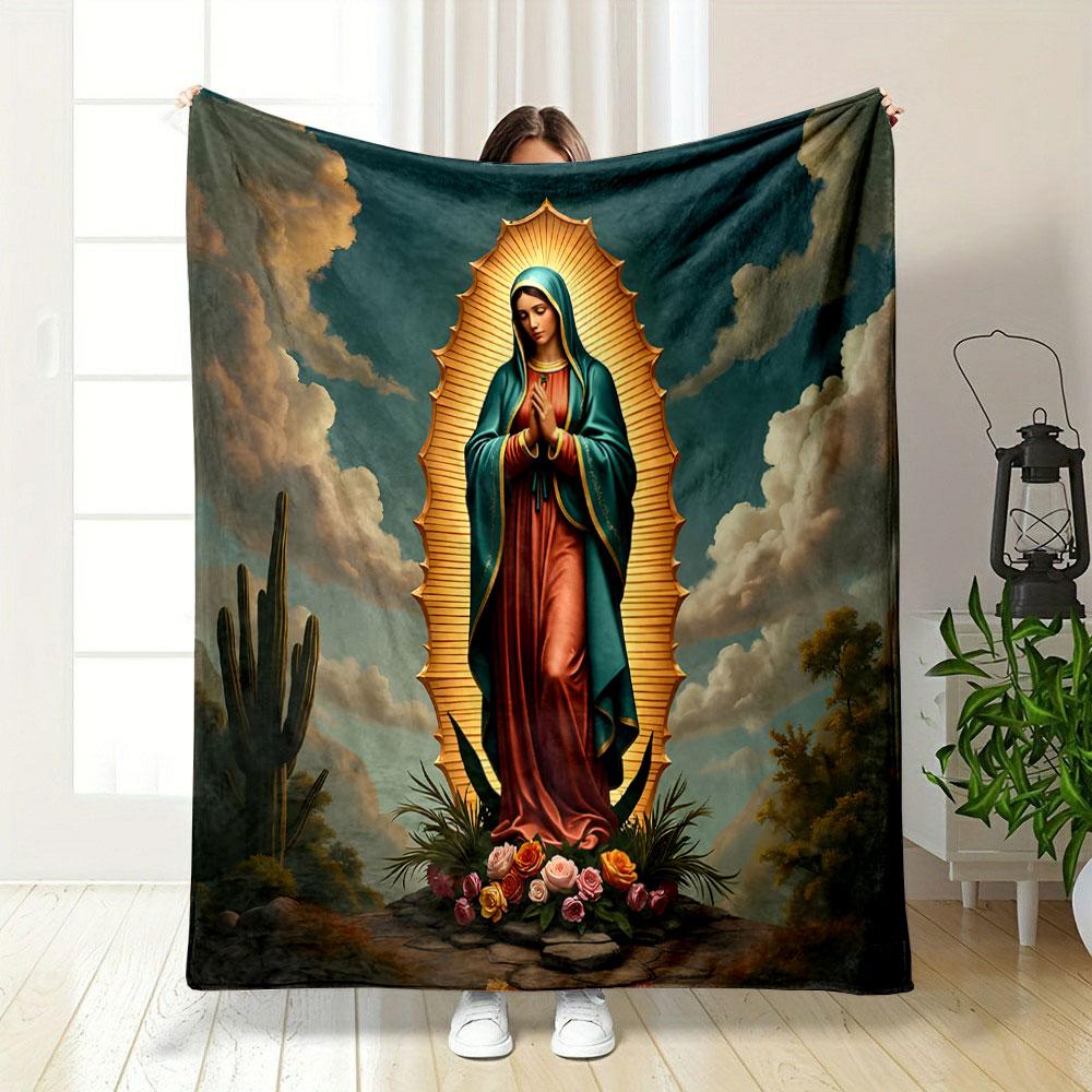 Virgin Mary with Golden Radiant Halo Patterned blanket, flannel, suitable for all seasons, home decor, warm and cozy
