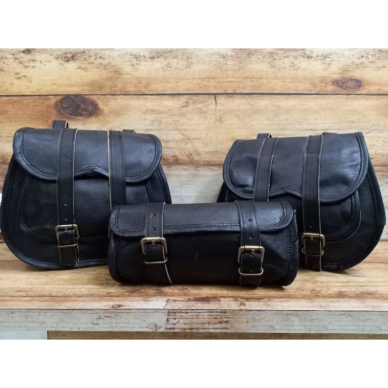 Leather Saddle Bags Motorcycle Bag Black Leather Pouch Saddlebag Motorbike Tool Pouch Set of 3 Bags Saddle Leather Bag