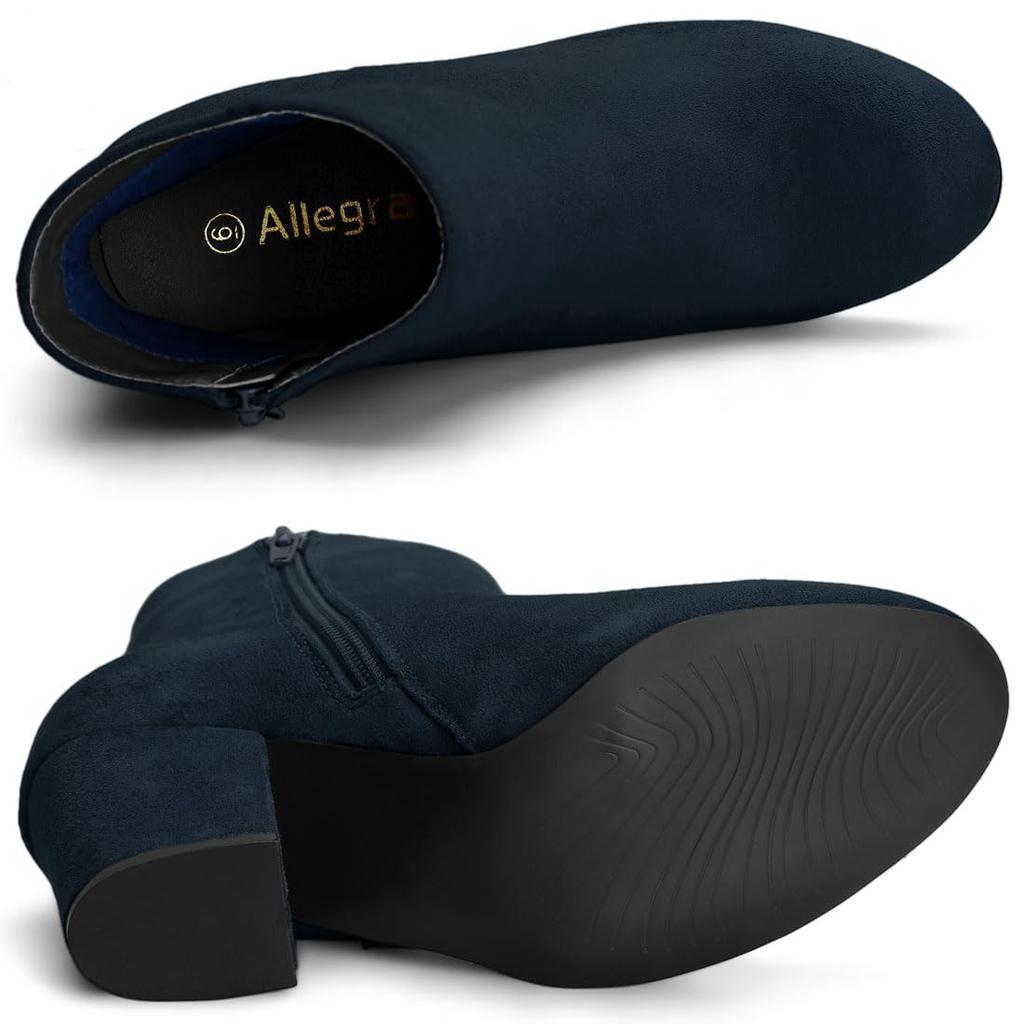 Allegra K Women's Navy Blue Round Toe Ankle Boots with Side Zipper and Chunky Heel, Size 24.5cm