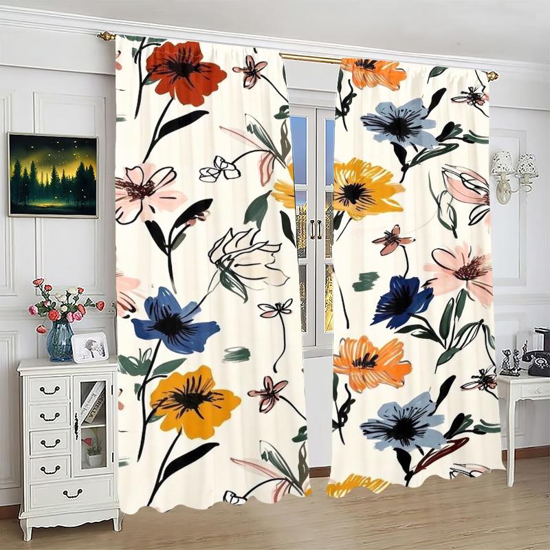 2Pcs- Dark Flowers - Printed Curtains -100% Polyester Material, Suitable for Bedroom Curtains and Living Room Decoration;