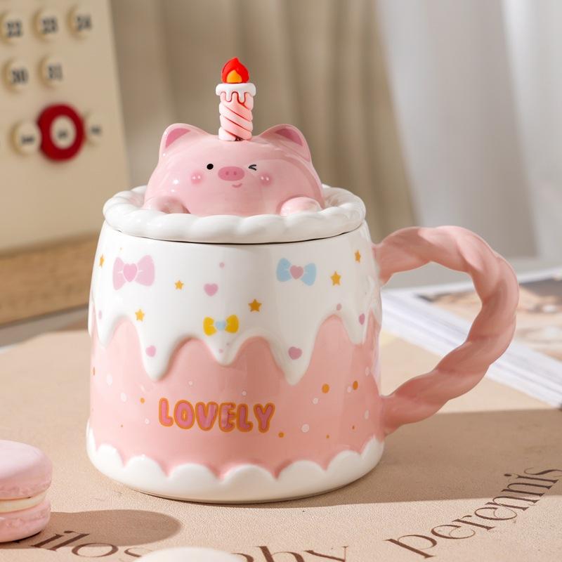 Милая кружка для торта на день рождения с крышкой и ложкой, мультяшная керамическая кофейная чашка с изображением животных, офисная чашка для воды высокого качества