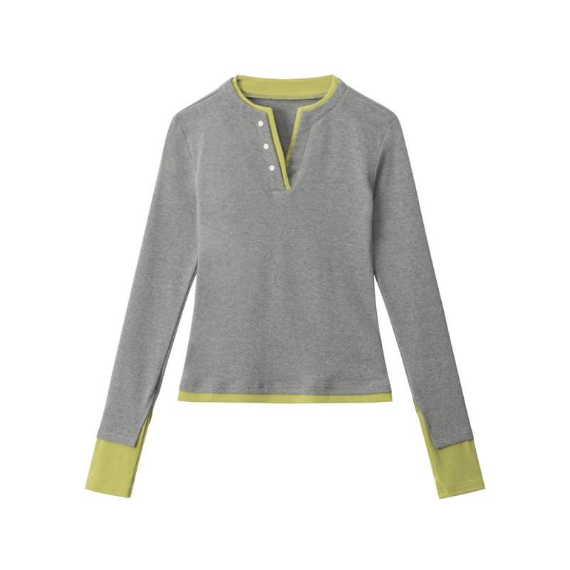 Womens Slim Fit Long Sleeve T-Shirt With V-Neck Colorblock Mock Two-Piece Design Cotton Blend Casual Office Wear
