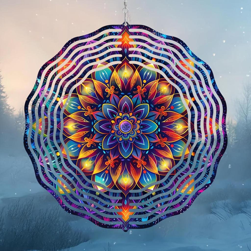 10-Inch Colorful Mandala Wind Spinner – 3D Laser-Cut Metal Art Decor, 360° Rotating Hook for Indoor/Outdoor Use – Vibrant Geometric Garden Spinner