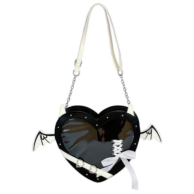 Fashion Heart Shaped Crossbody Ita Bag PU Leather Punk Pin Display Devil Bat Ita Messenger Bag Cosplay Itabag