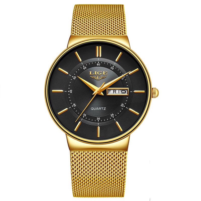 LIGE Mens Quartz Watch Dual Calendar Three-Hand Movement Ultra-Thin Waterproof Mesh Band Wristwatch Day Date Silver