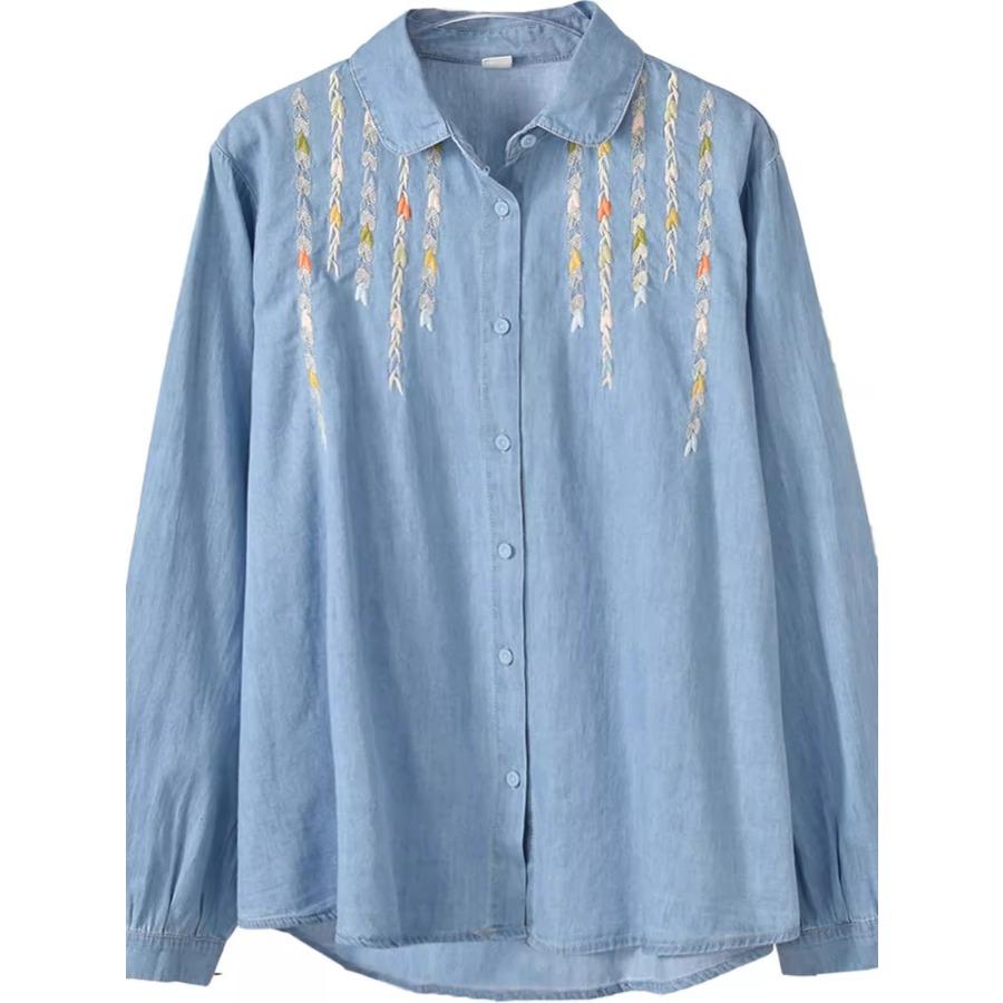 Вышитые рубашки с длинным рукавом из выстиранного денима с лацканами для женщин, весна-осень, новая японская художественная милая однобортная рубашка с вышивкой