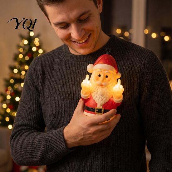 Personalized Christmas Gift Ideas Funny Middle Finger Wall Light, Resin Santa/Green Figure Glowing Decor Santa Claus Lamp with Warm LED, Tabletop